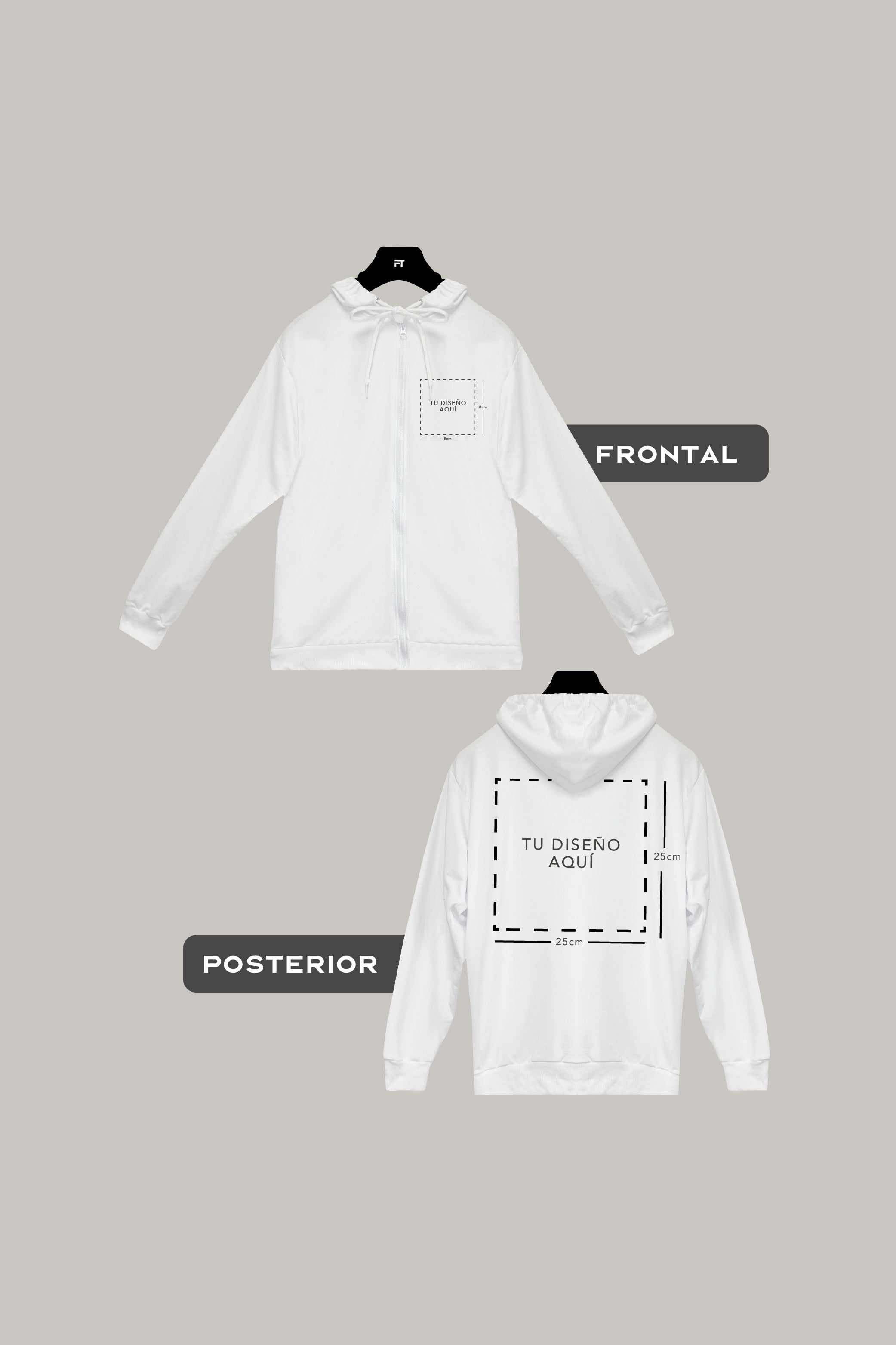 Hoodie Regular con Cierre Personalizable (8cm x 8cm) + Posterior Cuadrado - FashionTex