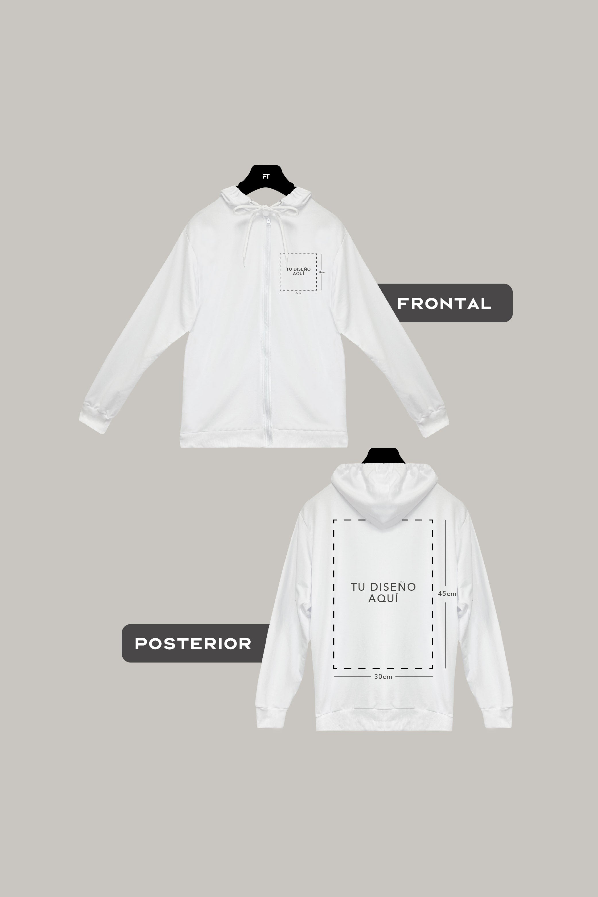 Hoodie Regular con Cierre Personalizable (8cm x 8cm) + Posterior Completo - FashionTex